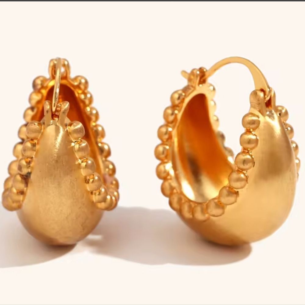New! Gold Beaded Chunky Hoop Earrings • Gold Plated • NWOT